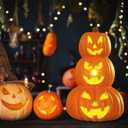 Retisee 3 Tiers 14 Inch Halloween Orange Pumpkin Lantern Decoration with LED Bulbs Lights Large Plastic Stacked Jack O Lantern Pumpkins Lights Indoor for Halloween Front Door Decor Indoor Decoration