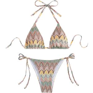 SHENHE Women's 2 Piece Swimsuit Floral Print Halter Tie Side Triangle Bikini Set (Multicolor Chevron), Small