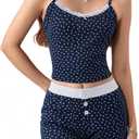 Milumia Women's 2 Piece Outfits Ditsy Floral Lace Trim Bow Cami Crop Top Skinny Shorts Set (L)