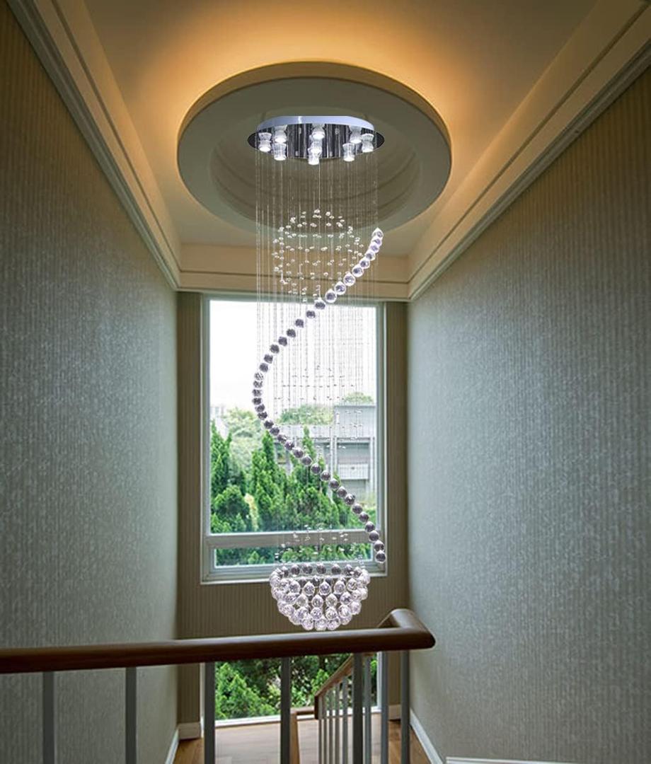 LED Modern Fandelier White Chandelier Crystal Spiral Sphere Rain Drop K9 Pendant Ceiling Light Fixture for Living Room Staircase Porch Hotel Hallway Foyer EntryWay 72" Height, 3 Balls chandelier