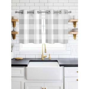 Grey White Buffalo Check Blackout Window Curtains 39 Inch Length 2 Panels Set, Rustic Plaid Grommet Top Window Curtain for Living Room/Kitchen, Modern Geometric Thermal Insulated Drapes 27.5x39 In