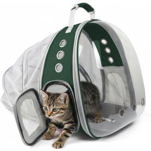 Cat Backpack Carrier, Back Expandable Pet Backpack with Bubble Window, Airline Approved Pet Travel Bag for Small/Medium Cats & Puppies, Hiking, Camping, Outdoor Use (Green)