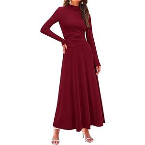 PRETTYGARDEN Long Sleeve Two Piece Skirt Sets Women 2 Piece Outfits Casual Ribbed Knit Mock Neck Ruched Top Swing Maxi Skirts, S