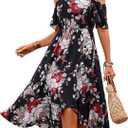 SweatyRocks Women's Floral Print Short Sleeve Cold Shoulder Dress Asymmetrical High Low Ruffle Midi Dresses (X-Large, Black)