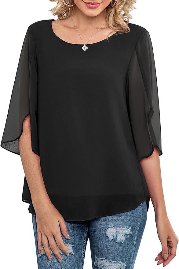 Neineiwu Womens Casual Scoop Neck Loose Top 3/4 Sleeve Chiffon Blouse Shirt Tops, Black, XL