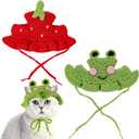2pcs Frog and Strawberry Cat Hat, Cotton & Soft Cute Knitted Hats for Cats, Christmas Halloween Holiday Party Clothes Birthday Party Puppy Hat for Small Pets (red, green)