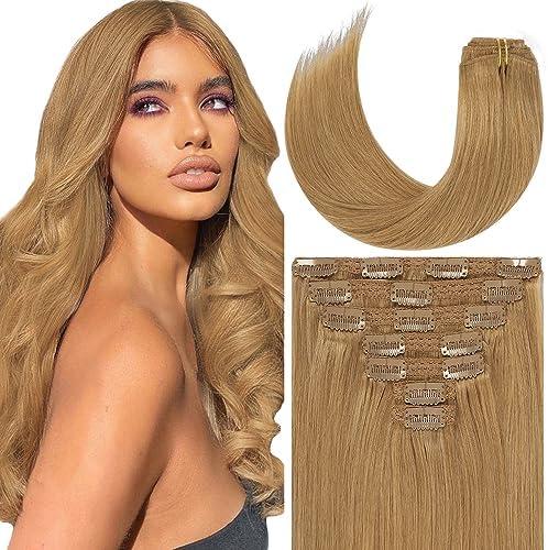 Loxxy 140g 20 Inch Clip in Hair Extensions Human Hair Strawberry Blonde #27 Full Head Silky Straight Natural Hair Extensions Clip in Double Weft Brazilian Human Hair 7pcs 16 Clips