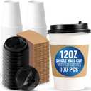 SNH Packing 100 Pack 12 oz Single Wall Disposable Coffee Cups with Lids and Sleeves Leak-Proof Hot Beverage Cups, Eco-Friendly To Go Paper Cups, Sturdy, Insulated, Compostable White Coffee Cups