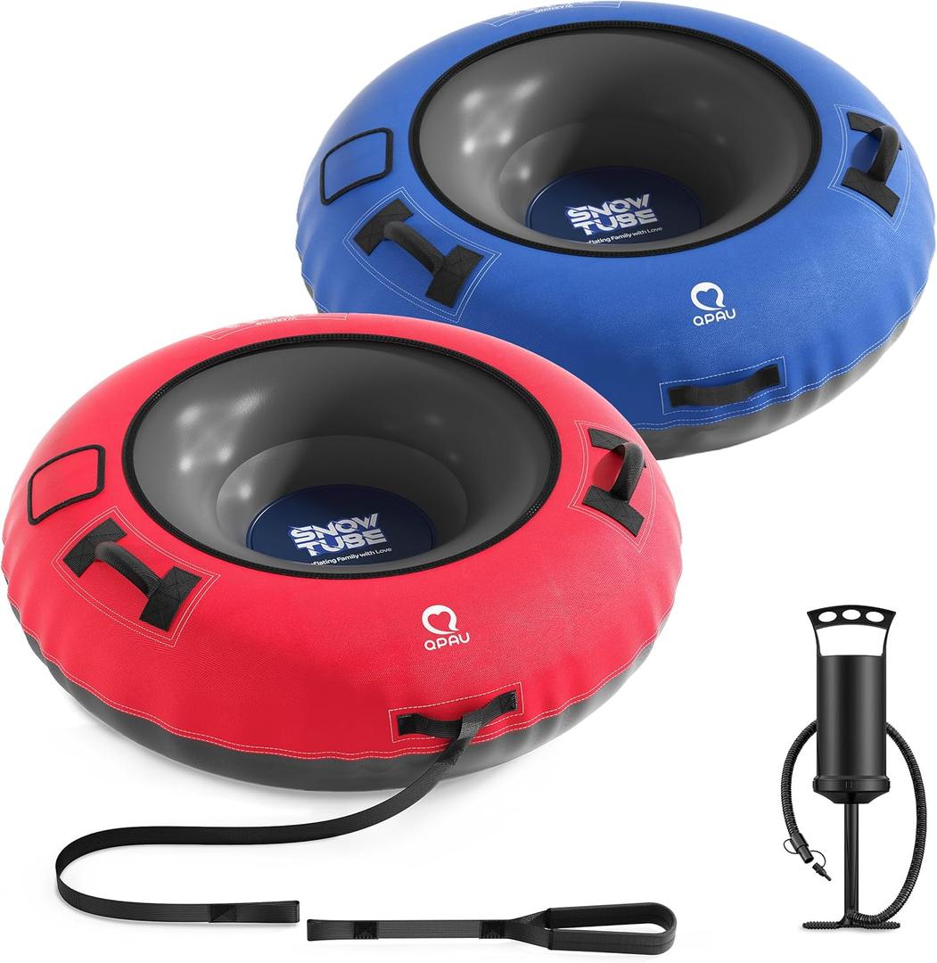 QPAU Snow Tube with Premium Canvas Cover 2 Pack for Kids and Adults, 48'' Inflatable Heavy Duty Snow Tube Made by Thickened Bottom, Sled Winter Outdoor Fun Toys for Children Boys Girls (Blue & Red)