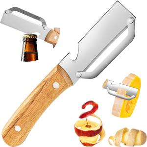 4 x Multifunctional Vegetable Peeler, 2-in-1 kitchen peeler equipped with bottle opener, Zero Snag Wooden Kitchen Tool, Stainless Steel Peelers for Kitchen, Suitable for Fruits and Vegetables (1PCS)
