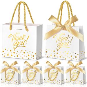 EQOREIIN Small Thank You Gift Bags 50pcs 5.5x2.5x4.7 Inches Small Gift Bags with Handles Bow Ribbon White Paper Bags for Party Favor, Mother's DayValentine's Day, Wedding, Baby Shower (White)