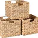 Water Hyacinth Storage Baskets, 12X12X10in Wicker Storage Cubes Set of 3, Kitchen Baskets for Pantry Organization, Foldable Square Baskets for IKEA Kallax