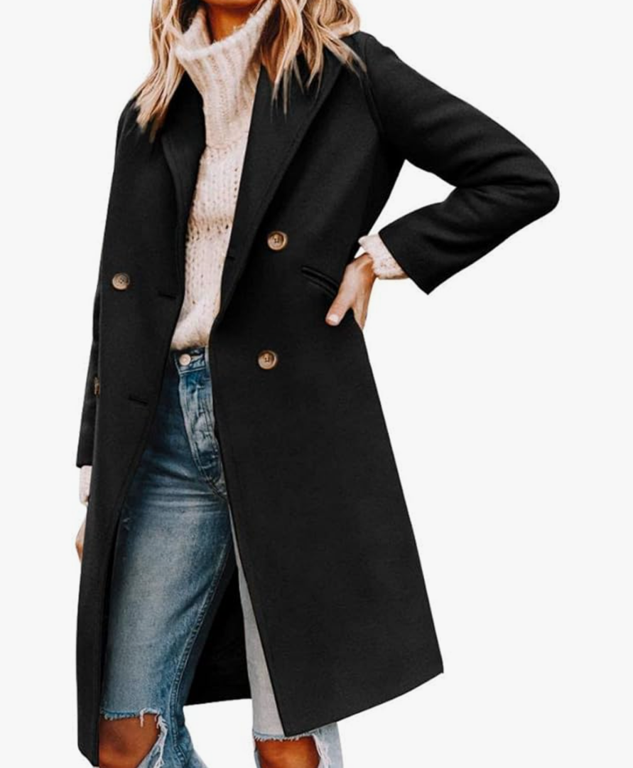 Yousify Womens Notched Lapel Collar Double Breasted Pea Coat Winter Wool Blend Over Coats Long Jackets Size S