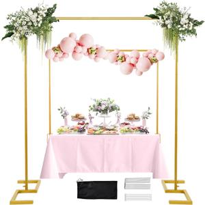 8.2FT Square Arch Backdrop Stand,Metal Gold Backdrop Stand Heavy Duty Adjustable,Extra 2 Clamps Change Over The Table Rod Stand,Wedding Balloon Arch Stand for Baby Shower Parties Decoration