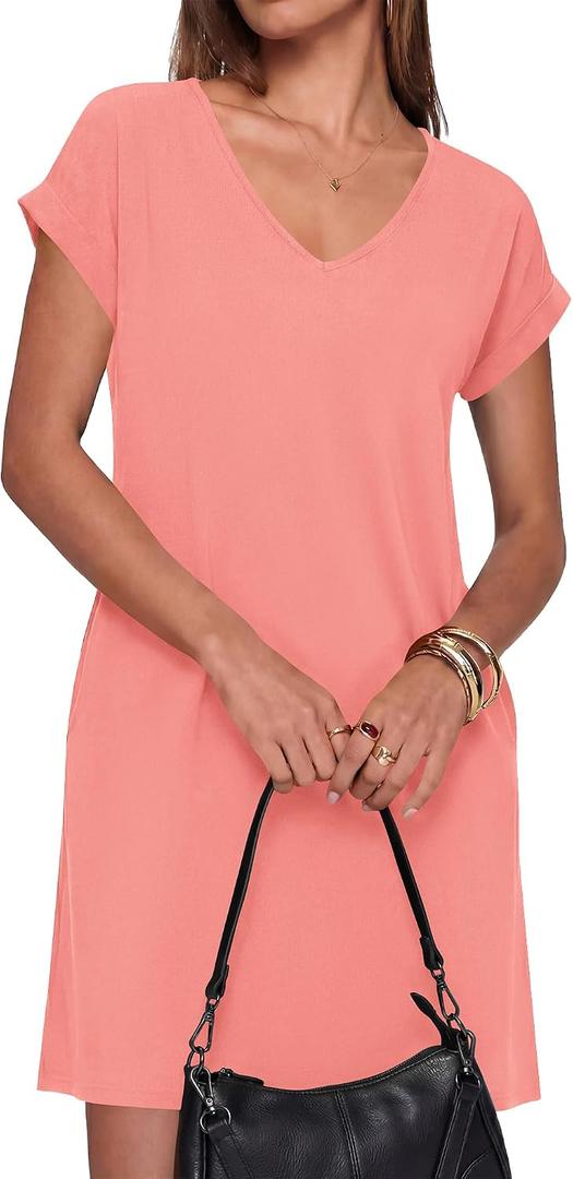 BTFBM Womens Summer Dresses 2026 Pockets Short Sleeve Loose Nightgowns Pajama Beach Vacation Casual Spring T Shirt Dress (Pink, S)