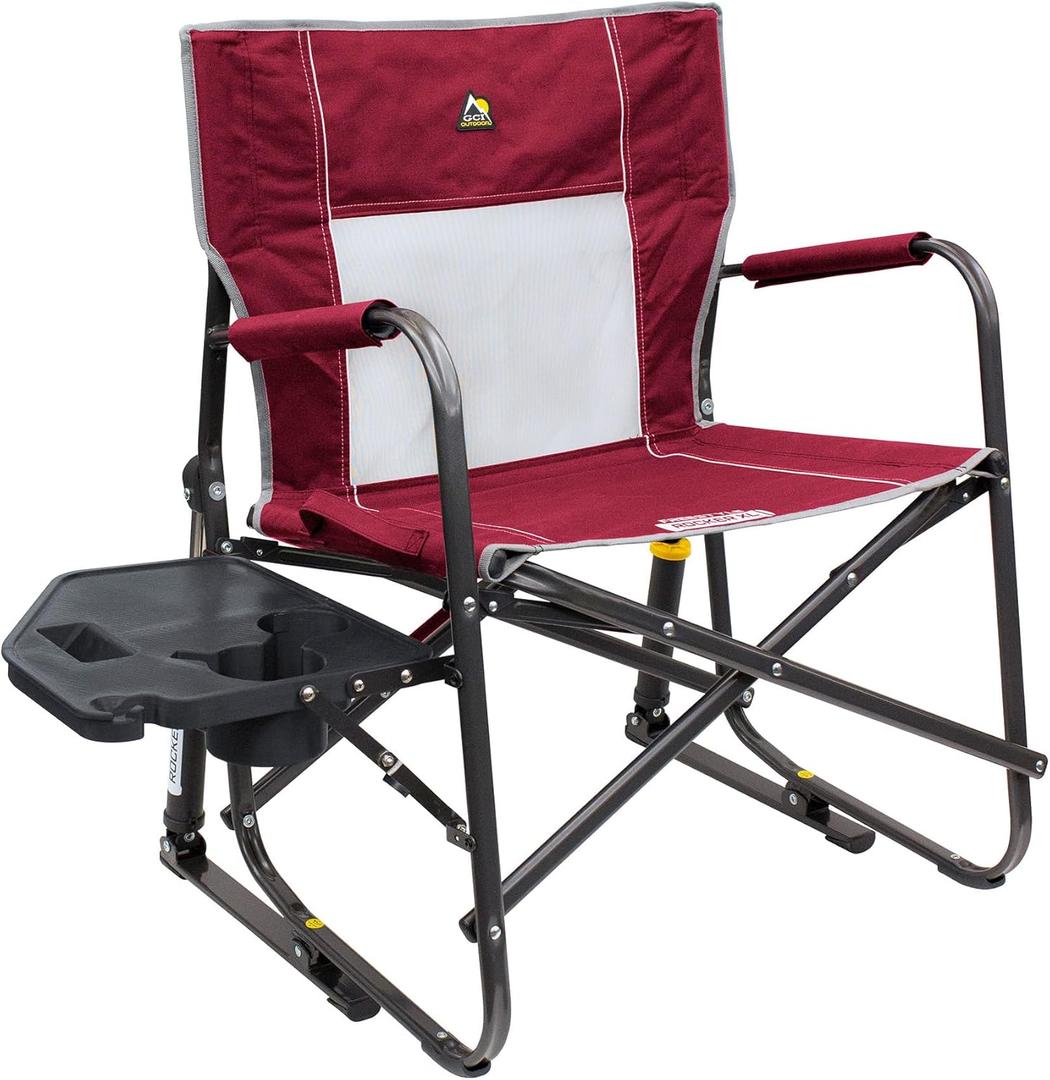 GCI OUTDOOR Freestyle Rocker XL with Side Table Camping Chair | Portable Folding Rocking Chair with Solid, Durable Armrests, Drink Holder & Comfortable Backrest Red