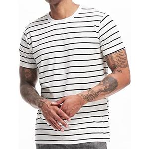 VEIISAR Men's Crewneck Striped T-Shirt Soft Elastic Cotton Tees L