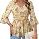 Timeson Women's 3/4 Sleeve Tops Dressy Casual V Neck Floral Blouses Elastic Waist Fall Shirts (Yellow, XL)