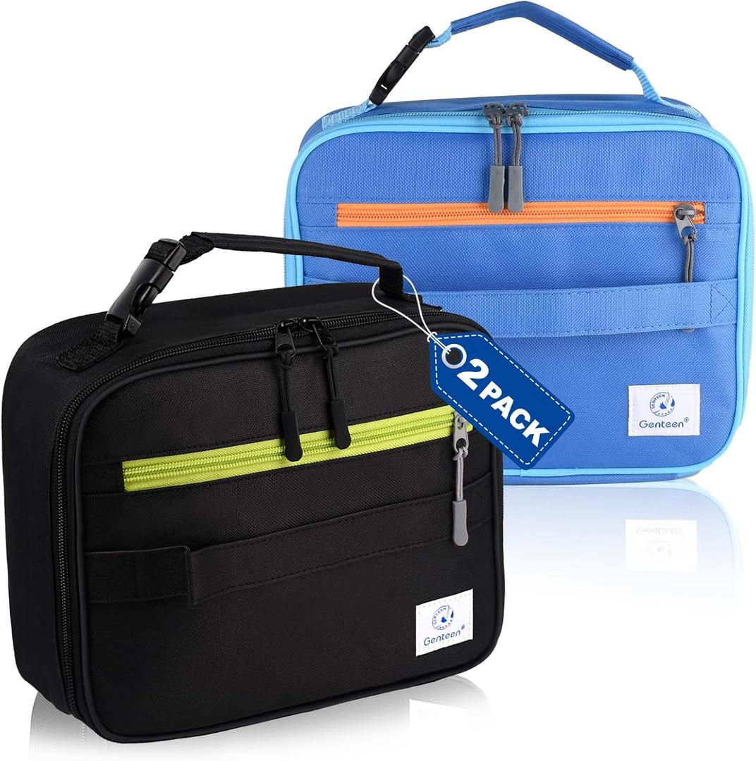 Genteen 2 Packs Insulated Soft Lunch Bag With Double Zipper - Sturdy, Freezable and Reusable for Kids, Men - For School, Work, Outdoor (Black & Blue)