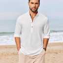 COOFANDY Men's Casual Henley Shirts Long Sleeve Band Collar Lightweight Beach Shirts Summer T-Shirts (White, XL)