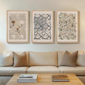 Framed Large William Morris Canvas Wall Art Set of 3, Vintage Nature Floral Artwork Prints, Boho Neutral Botanical Wall Decor for Living Room, Bedroom, Hallway and Office, Total Size 30x60, 20"W x 30" H x 3Pcs