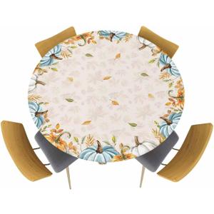 Autumn Pumpkins Round Tablecloth with Elastic Fall Thanksgiving Pumpkin Botanical Maple Leaves Waterproof Stain-proof Table Cover Fitted Table Cloths for 45"-54" Round Table Kitchen Indoor Outdoor Use