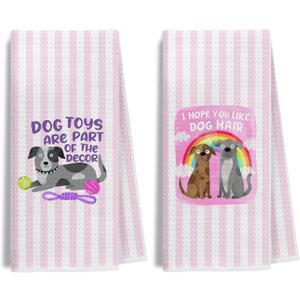 Funny Dog Kitchen Towels Decorative, Dog Lover Mom Lady Owner Gifts, Trendy Cute Pet Pink Striped Dish Hand Tea Towels for Bathroom, 16x24 Inches Set of 2