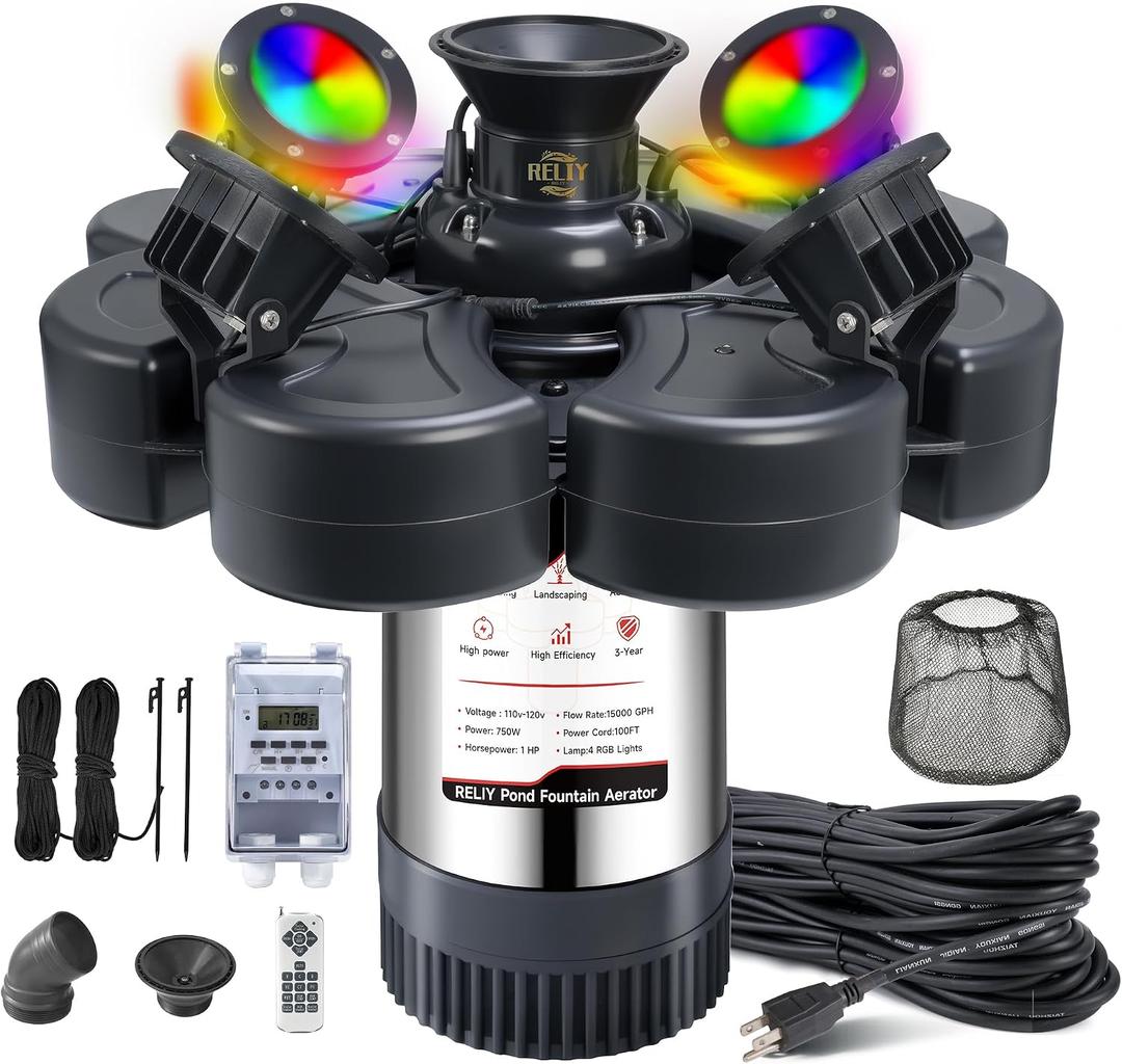 RELIY Pond Fountain Aerator, With 4 RGB Lights 1HP 110V 15000 GPH Stainless Steel Fountain Pump, Fully Automatic Powerful Lake Floating Fountain, 100 FT Power Cord, Programmable Timer Switch