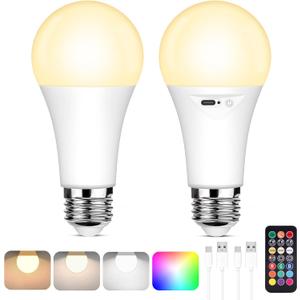 Yochoice Rechargeable Battery Operated Light Bulb with Remote Control, Dimmable LED A19 Bulb with 9 Colors Selectable & 3 Timer, Wireless Light Bulb for Wall Sconce, Non-Hardwired2 Pack