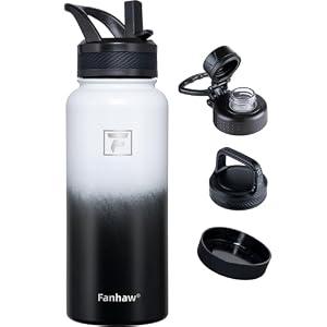 Fanhaw 32 oz Insulated Water Bottle – Portable Stainless Steel Flask with 3 Lids (Straw, Spout, Carabiner) | Leakproof, for Gym, Hiking, Work, Travel & Everyday Use (White Black)