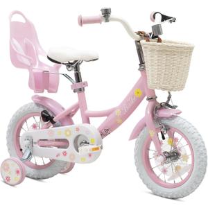 Girls Bike with Basket for Toddlers and Kids Aged 3-14 Years Old, 12 14 16 18 Inch with Training Wheels & Doll Seat, 20 Inch with Kickstand & Rear Rack, Princess Style Bicycle for Gift. (Pink & White)