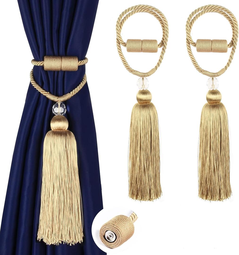 BEL AVENIR Magnetic Curtain Tiebacks Tassel Ties Backs Holdbacks Rope Convenient Drapes Handmade Home Office Decorative (Gold)