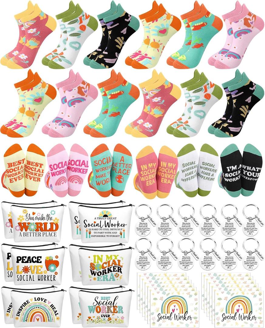 Dansydaisy 48 Pcs Novelty Social Worker Gifts Bulk Include Funny Cotton Ankle Socks Makeup Bag Keychain Greeting Card for Thank You Appreciation Birthday Graduation Gifts Supplies (L)
