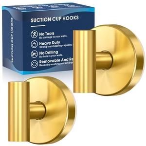 Suction Cup Hooks for Shower,Heavy Duty Shower Towel Suction Hooks,No Drill Wall Mounted Towel Hooks for Bathrooms Wall,Kitchen,Glass,Mirror,Tile to Hang Towels, Robes, Coat- Gold (2 Pack)