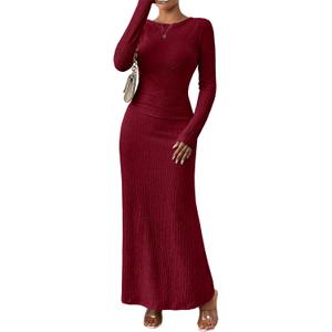 MITILLY Fall Dress for Women 2025 Long Sleeve Maxi Dress Formal Crew Neck Bodycon Ruched Cocktail Party Dresses (Small, Wine Red)