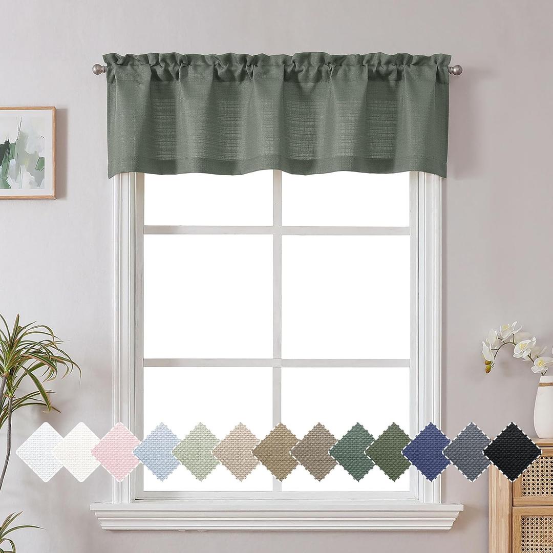 Chyhomenyc Olive Green Valance for Windows, Light Filtering Faux Linen Textured Small Kitchen Window Curtain, Rod Pocket Short Valance for Bathroom Laundry Basement, 60Wx14L inch, 1 Piece