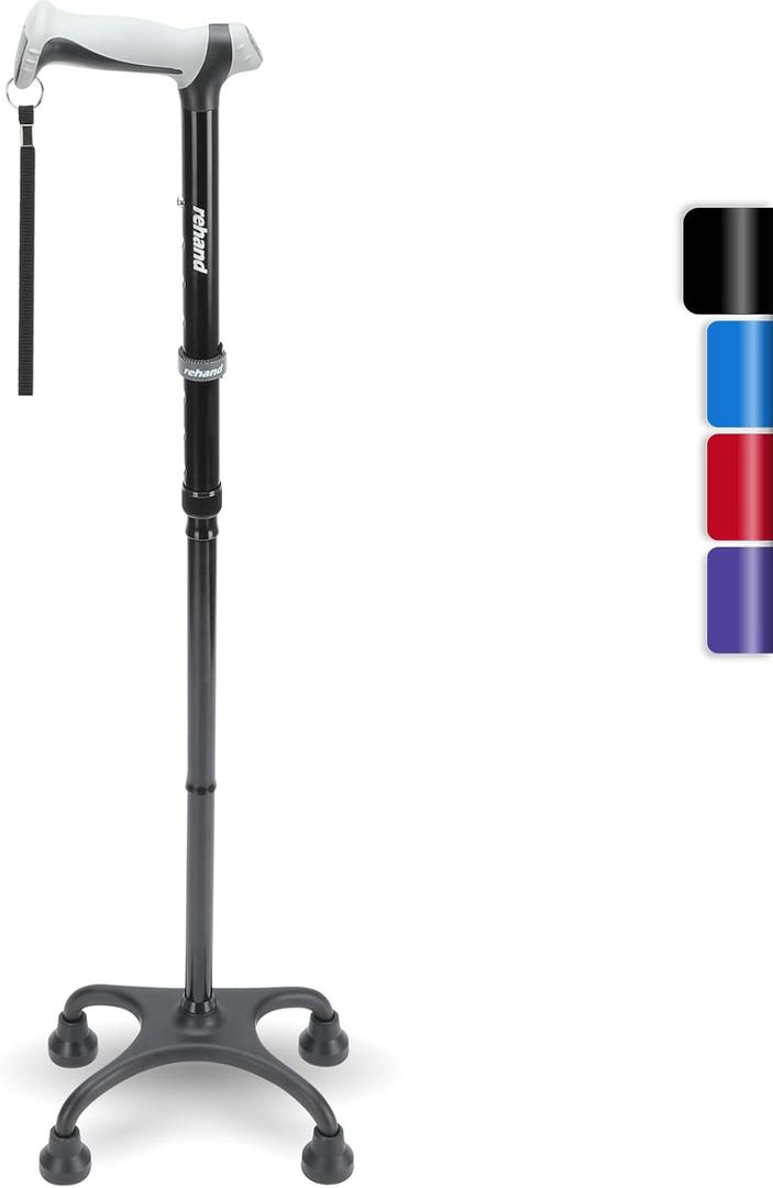 Rehand Quad Cane, Walking Cane with Ergonomic Handle Ever and Graceful 4-Pronged Base for Extra Stability, Adjustable Walking Sticks for Right or Left Handed Men & Women and Seniors (Black2)