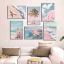 6Pcs Pink Summer Beachy Wall Art Fresh Pink Tropical Ocean Art Print Beach Chairs Starfish Surfboard Palm Tree Wall Decor Retro Coastal Canvas Picture Bus Van Canvas Painting for Bedroom Framed