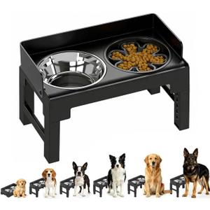 PAKEWAY Elevated Dog Bowls, Spill Proof, Tiltable Pet Feeder with 1 Slow Feeder Bowl &1 Stainless Steel Bowl, 6 Height Adjustable Raised Dog Bowls Stand for Medium Large Dogs