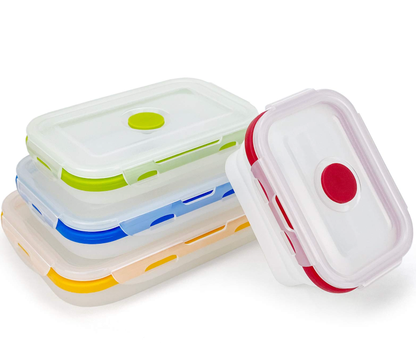 Collapsible Food Storage Containers with Lids, Reusable Silicone Food Containers, Silicone Bento Lunch Box, for Freeze or Store, Food Grade, Leakproof, Space Saving, Set of 5
