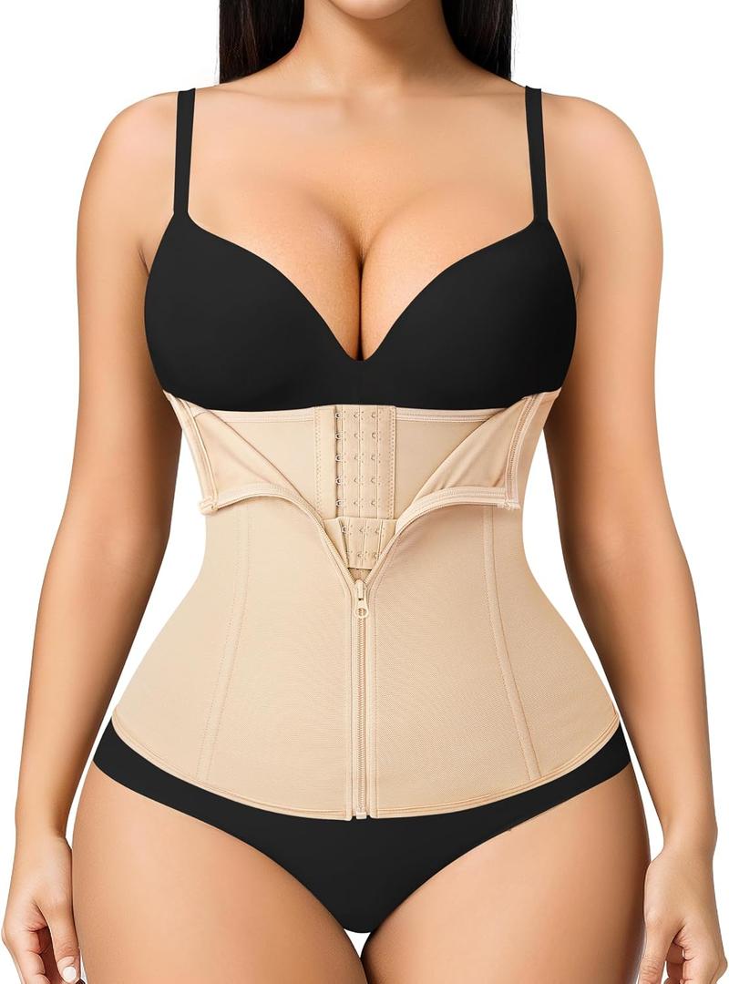 MERYOSZ Zipper Waist Trainer for Women - Mesh Corset Shapewear Tummy Control Body Shaper Waist Cincher Postpartum Girdle(Beige, Large)