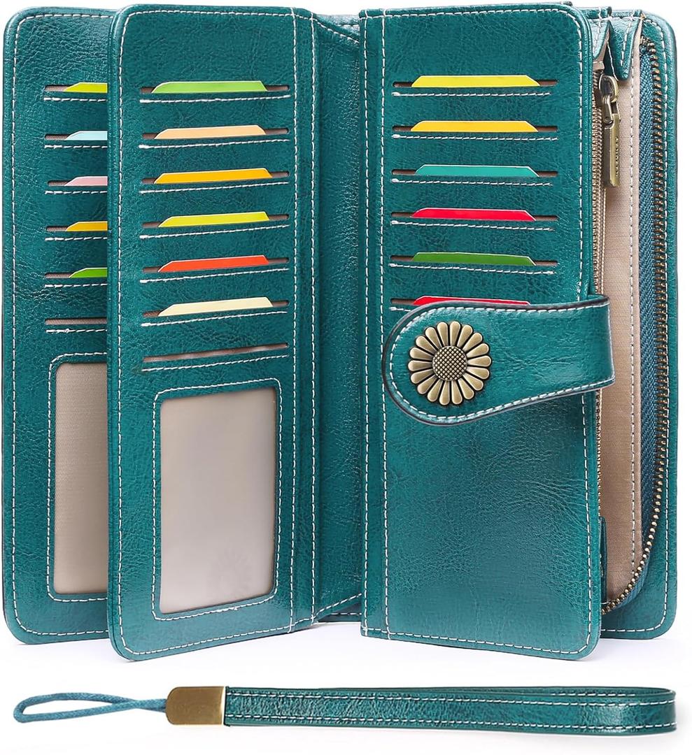 SENDEFN Wallets for Women Leather Credit Card Holder with RFID Blocking Large Capacity Wristlet (1-wax-a-blue)