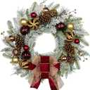 24" Christmas Wreath for Front Door Artificial Unlit Winter Wreath with Pine Cones, Berry Clusters, Burgundy Ball Ornaments and Ribbon for Thanksgiving Holiday Christmas Decoration