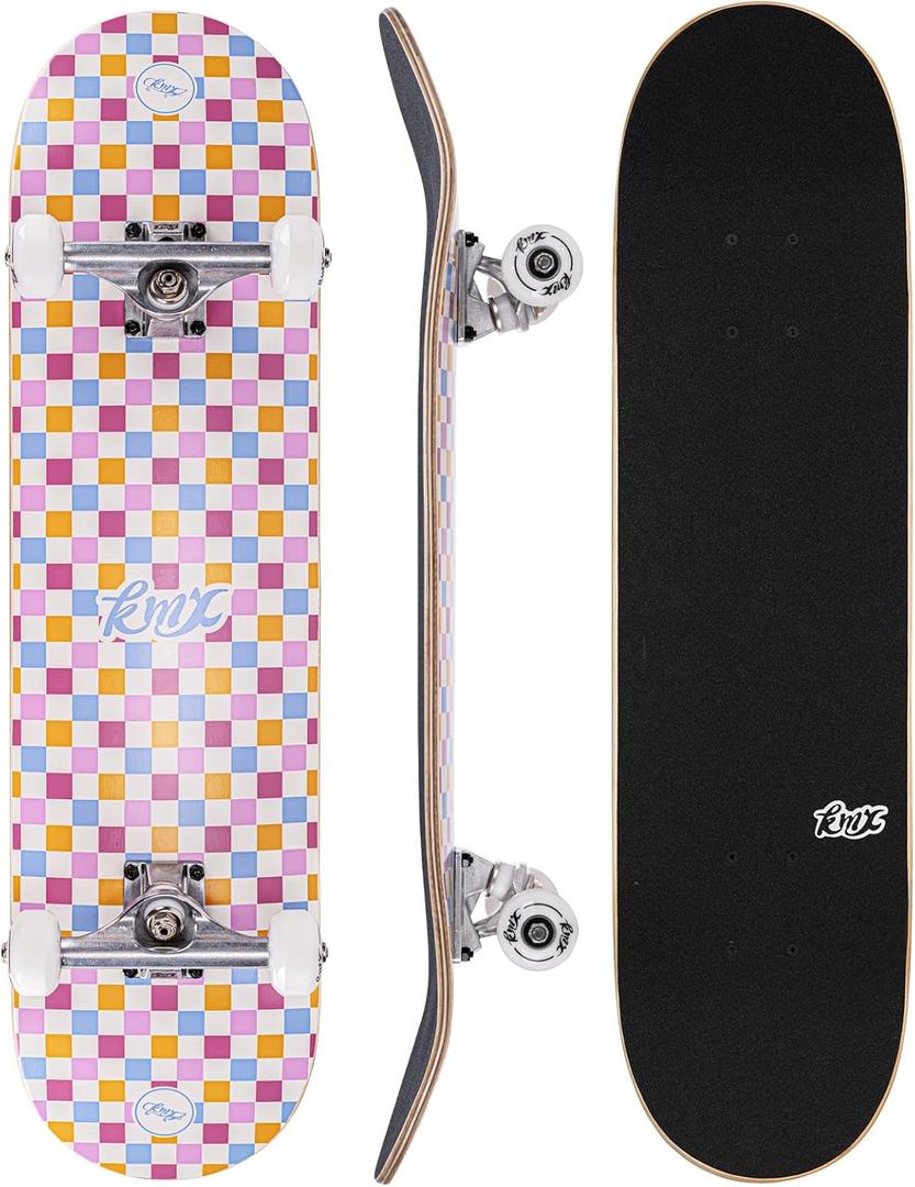 KMX Complete 31" x 8" Skateboard for Beginners, Double Kick Concave Deck, 7 Layer Canadian Maple | Premium Truck | Kids Cruiser Skateboard for Kids Ages 6-12, Girls, Boys, Teens(Pink Checkered)