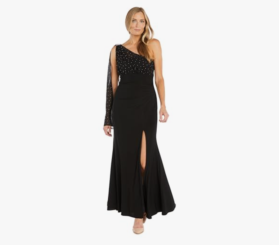 R&M Richards Long One Shoulder Cocktail Dress with Stone Embellishments Sheer Cascading Cape & Slit 12