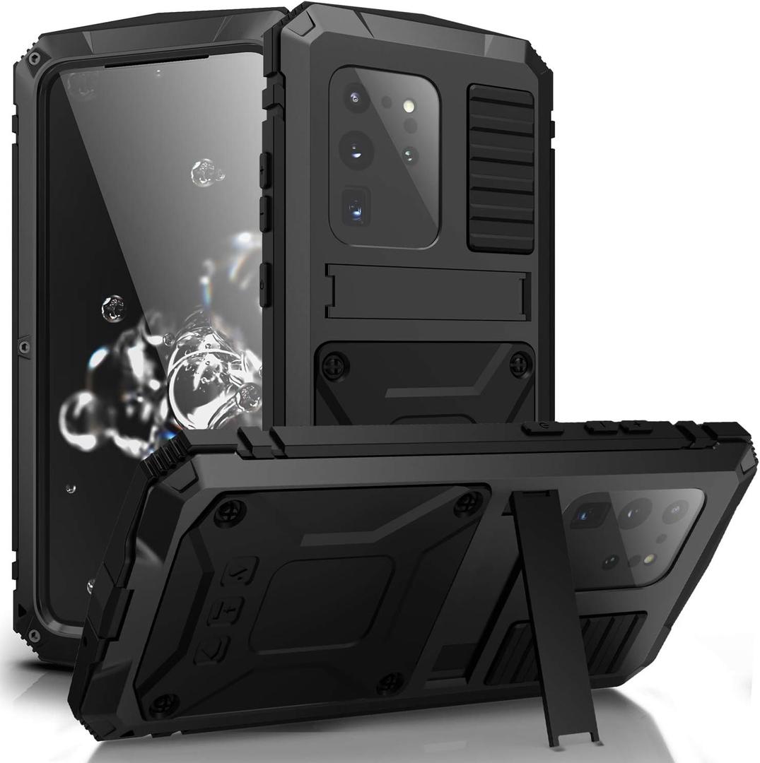 Compatible for Samsung Galaxy S20 Plus Case, Aluminum Metal Gorilla Glass Waterproof Shockproof Military Heavy Duty Sturdy Protector Cover Hard Case Black