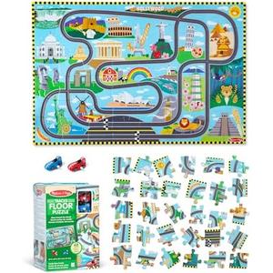 Melissa & Doug Race Around The World Tracks Cardboard Jigsaw Floor Puzzle and Wind-Up Vehicles (48 Pcs) for Preschoolers and Kids Ages 4+ - FSC Certified