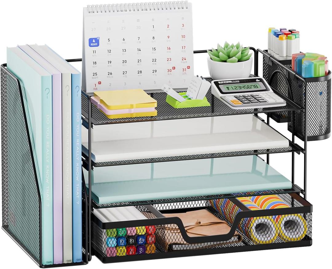 Marbrasse Desk Organizer and Accessories4-Tier Paper Letter Tray Organizer with File Holder, Desk Accessories & Workspace Organizers with Drawer and 2 Pen Holder (Black, 15.4" x 9.1" x 8.3")