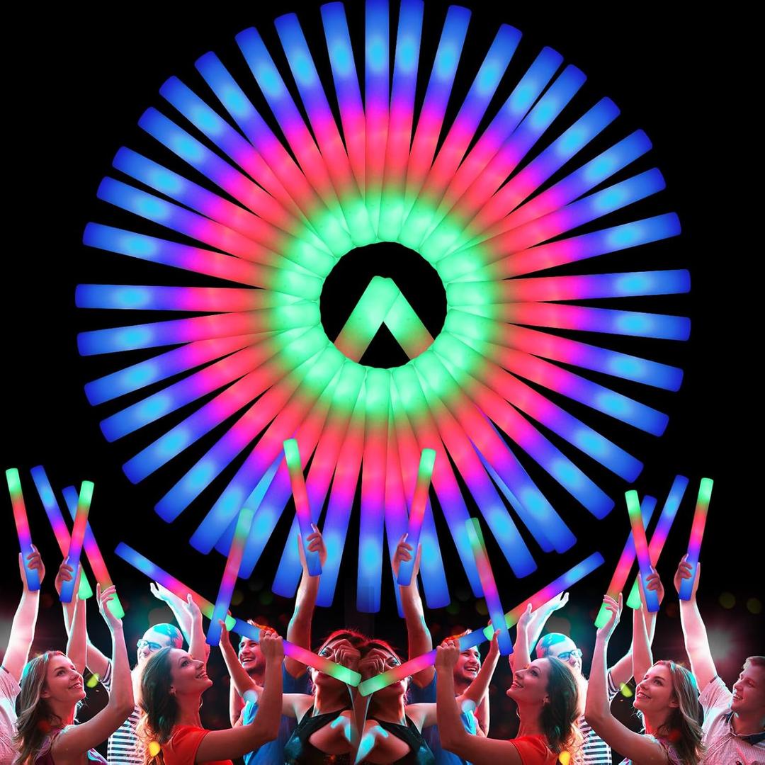 107 PCS LED Foam Glow Sticks Bulk, Glow in the Dark Party Supplies with 3 Modes Colorful Flashing, Neon Party Favors for Birthday, Wedding, Carnival, Concert, New Year