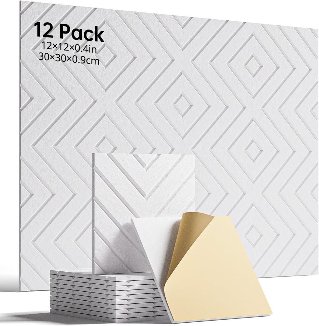 Sound Proof Foam Panels for Walls, 12 Pack Self-Adhesive Acoustic Panels, 12" X 12" X 0.4" Soundproof Wall Panels for Door, Ceiling, Home Office White